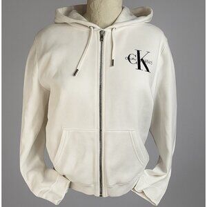 Calvin Klein Jeans Womens Hoodie White Zip Up Sweatshirt sz Large CK Logo Pocket